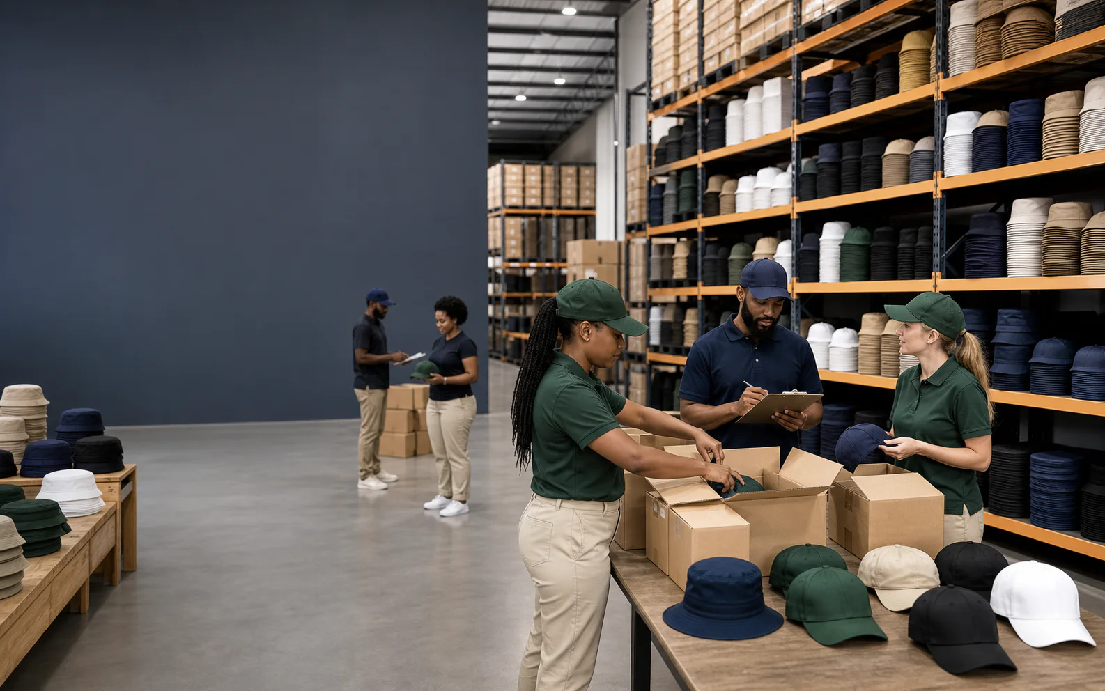 Wholesale team reviewing organised cap stock