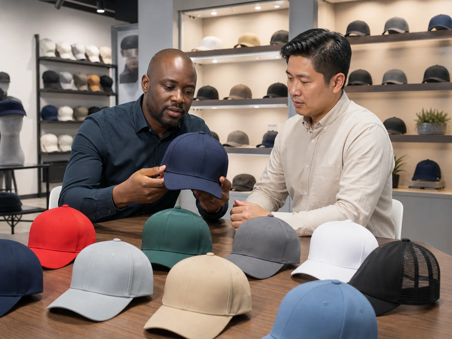 Reseller reviewing cap samples