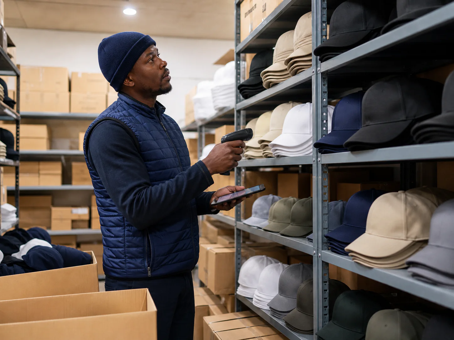 Warehouse coordinator checking repeat stock